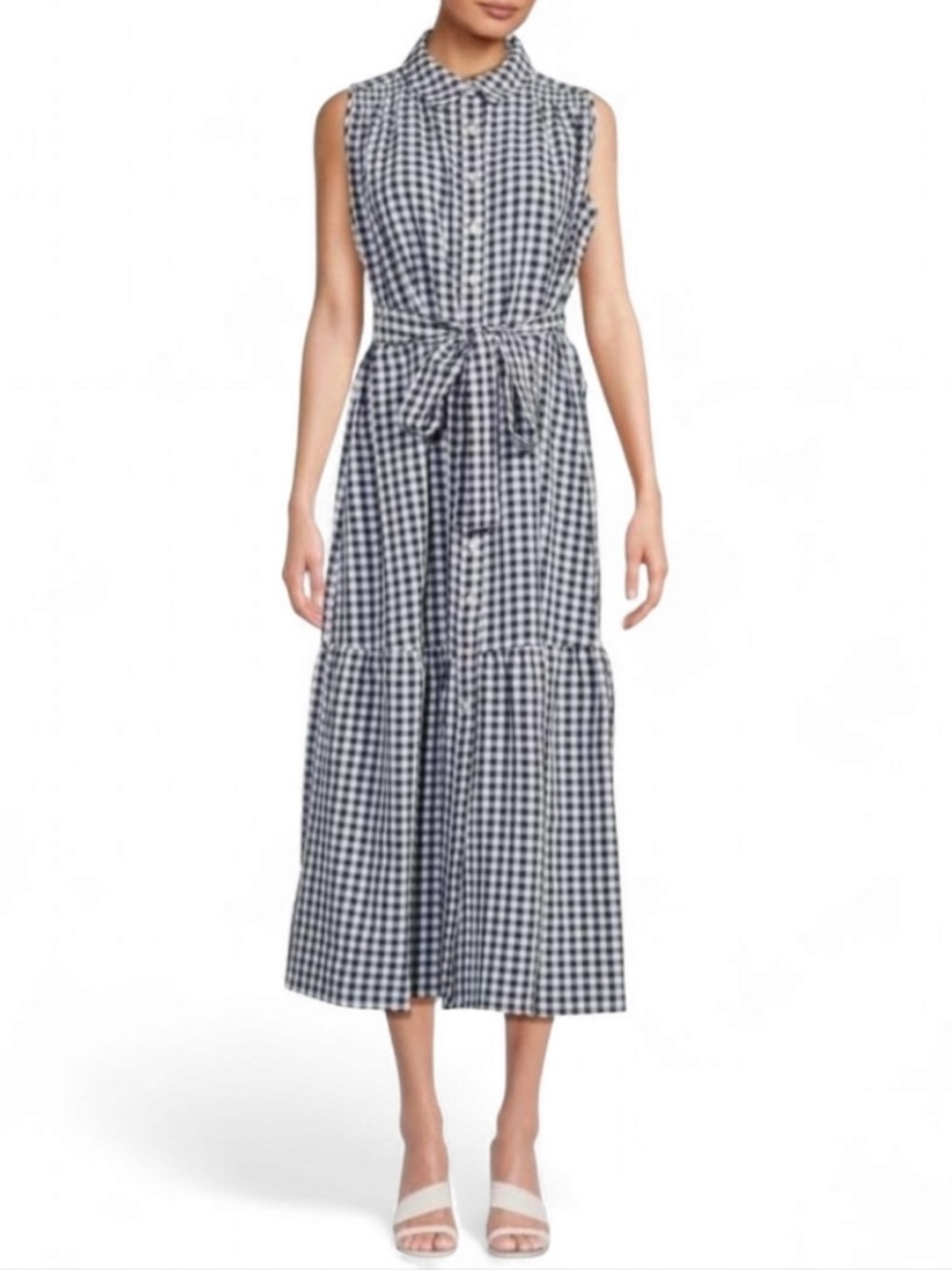 Tommy Hilfiger Sleeveless Gingham Tie-Waist Midi Dress - Navy/White